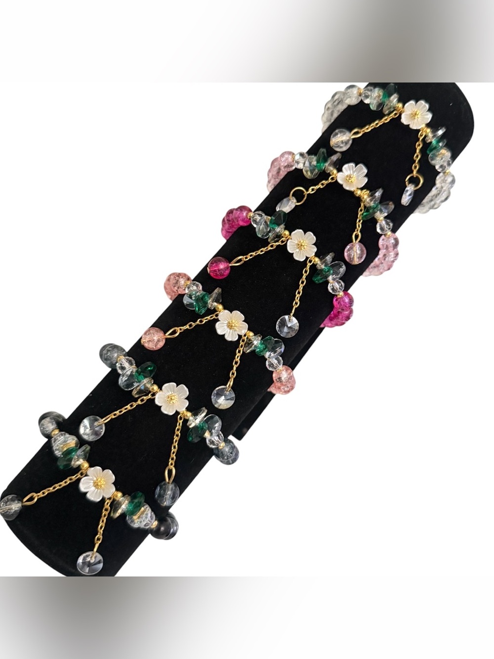 Bracelets x6 OS Flowers Stretch Glass Beads Floral Dangle